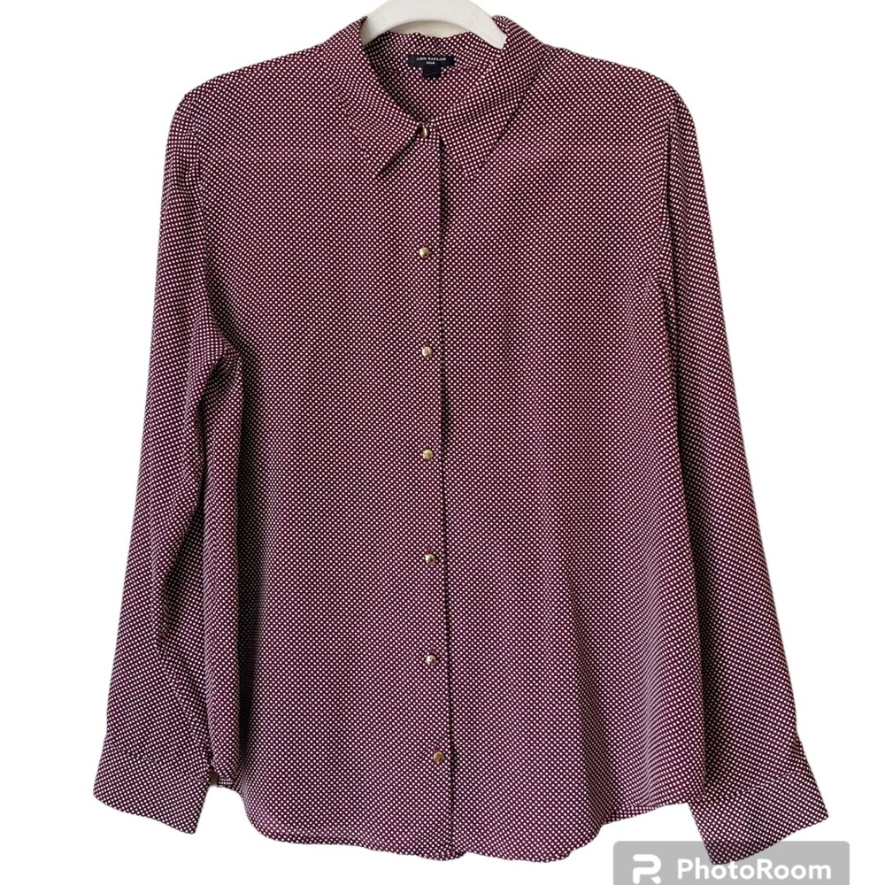 Ann Taylor | 100% Silk Polka Dot Button Front Blouse Top Maroon White Large